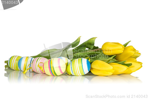 Image of Yellow tulips and Easter eggs