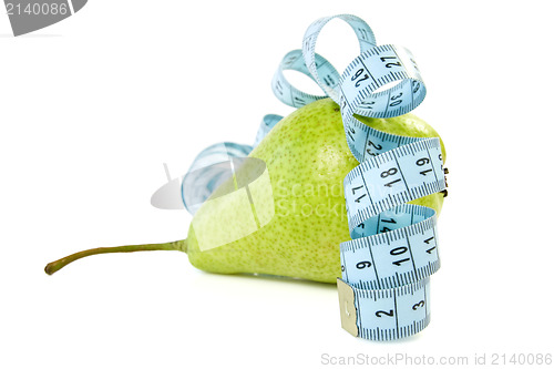 Image of pear wrapped by blue measure tape