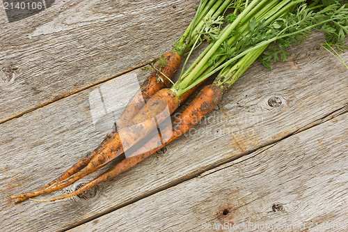 Image of dirty  carrots on wooden background