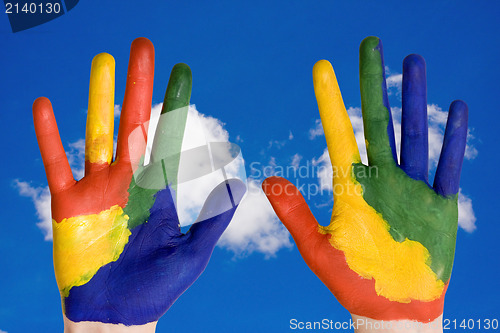 Image of painted hands on blue sky background