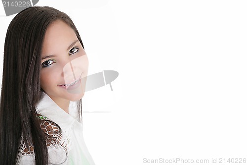 Image of Cute Latina teenage girl smiling with braces on a white backgrou