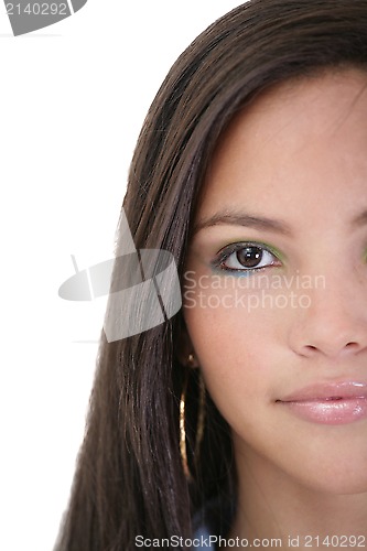 Image of Half face beautiful young woman, on white background. 