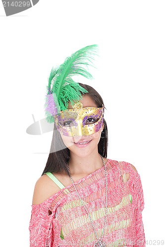 Image of beautiful woman in carnival mask isolated on white background