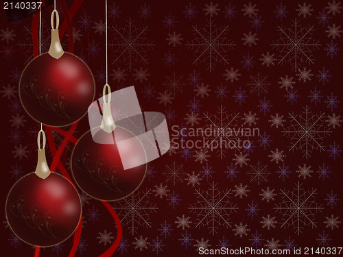 Image of Christmas balls hanging with tapes on red background with snowflakes