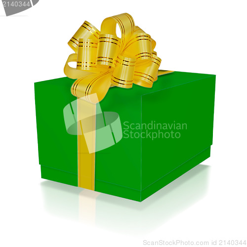 Image of green gift box with gold ribbon and bow isolated on white backgr