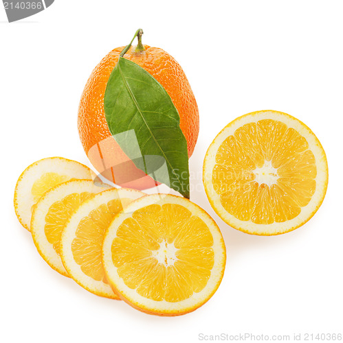Image of fresh ripe orange fruits with cut and green leaves isolated on w