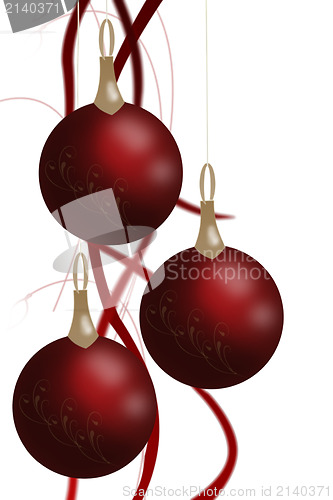 Image of Christmas balls hanging with tapes isolated on white background