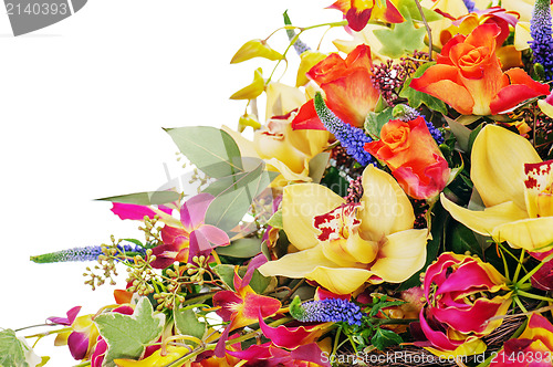 Image of fragment of colorful floral bouquet of roses, cloves and orchids