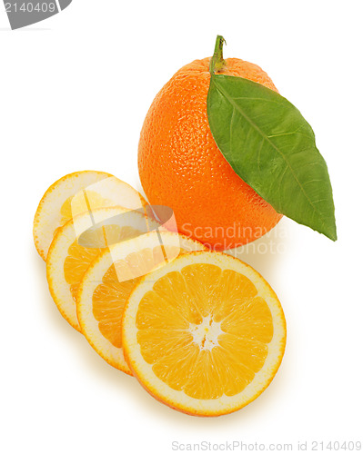 Image of fresh ripe orange fruits with cut and green leaves isolated on w