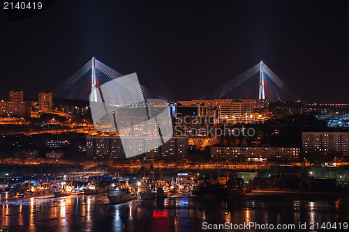 Image of night view of the longest cable-stayed bridge in the world in th