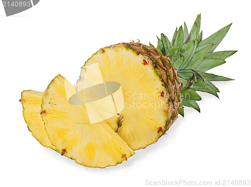 Image of ripe pineapple with slices isolated on white background