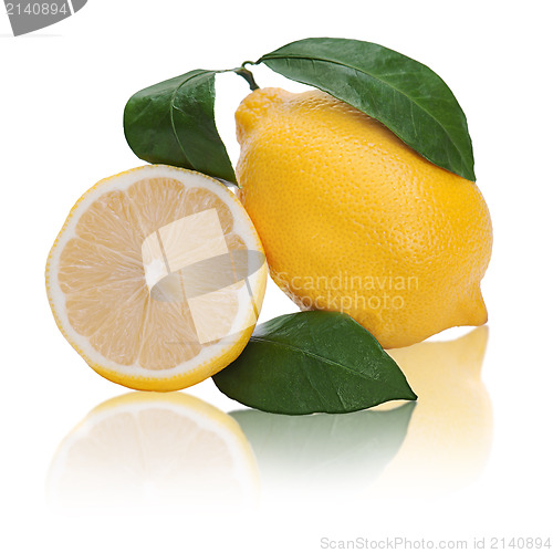 Image of fresh lemon citrus with cut and green leaves isolated on white b