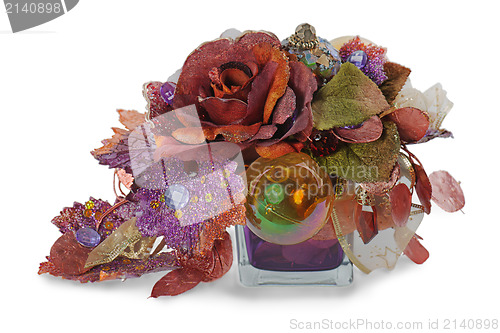 Image of Christmas arrangement of Christmas balls, artificial flowers, be