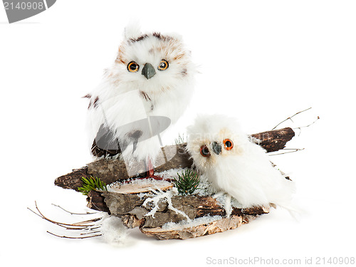 Image of two owls on a wooden base with snow, pine needles and snowflakes