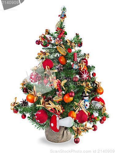 Image of Christmas fir tree decorated with toys and Christmas decorations
