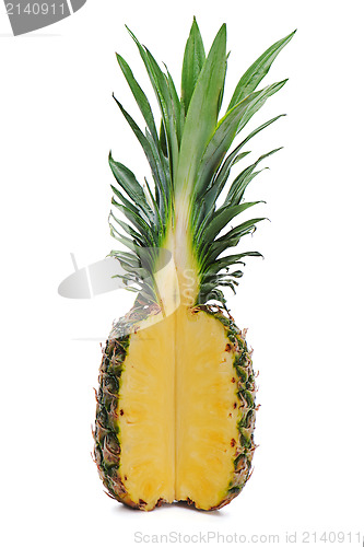 Image of ripe whole pineapple with a quarter cut isolated on white backgr