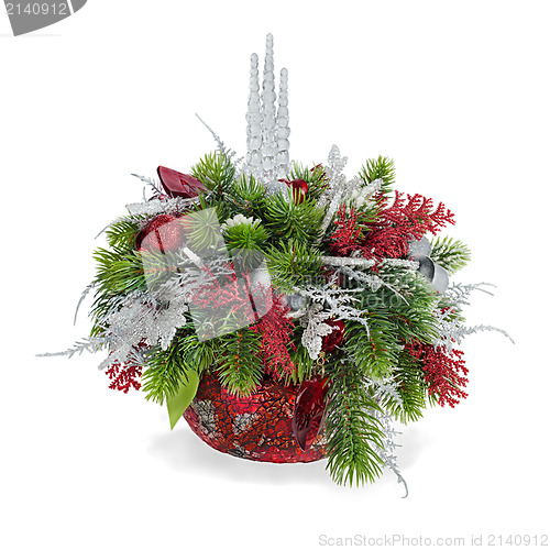 Image of Christmas arrangement of Christmas balls, snowflakes, candles , 