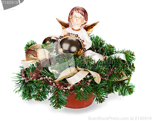 Image of Christmas arrangement of Christmas balls, artificial flowers, be