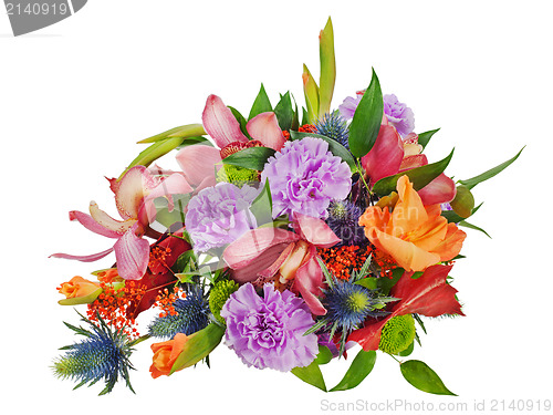 Image of colorful floral bouquet of roses,cloves and orchids isolated on 