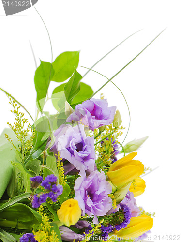 Image of fragment of colorful bouquet of roses, tulips and freesia isolat