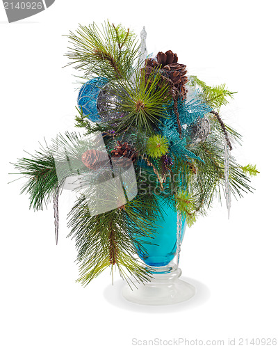 Image of Christmas arrangement of Christmas balls, snowflakes, candles , 