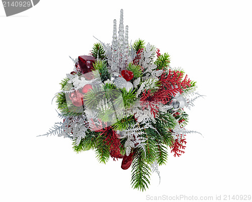 Image of Christmas arrangement of Christmas balls, snowflakes, candles , 