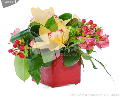 Image of colorful floral bouquet of roses, cloves and orchids arrangement