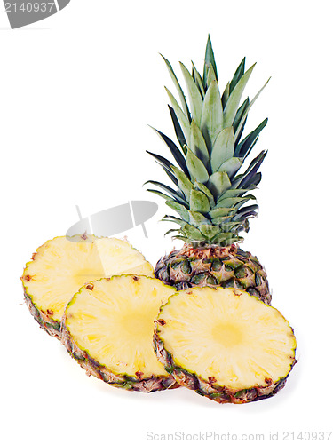 Image of ripe pineapple with slices isolated on white background