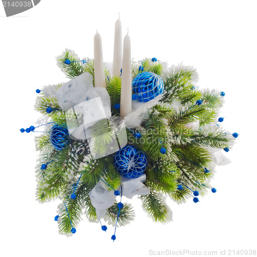 Image of Christmas arrangement of Christmas balls, snowflakes, candles , 
