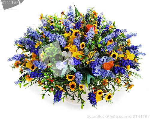 Image of colorful floral bouquet of lilies, sunflowers and irises centerp