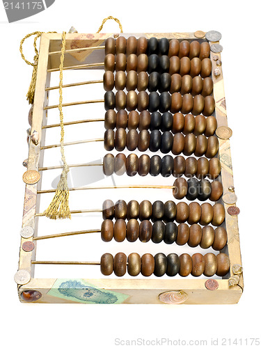 Image of abstract composition from the old abacus, coins and shells isola