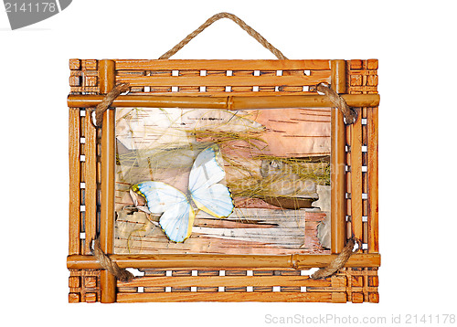 Image of  bamboo photo frame with abstract composition of butterflies, bi