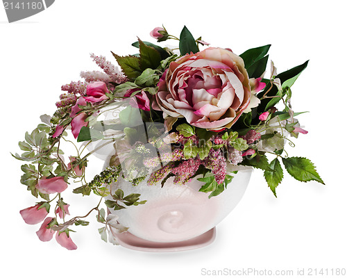 Image of colorful floral arrangement in a pink ceramic vase, isolated on 