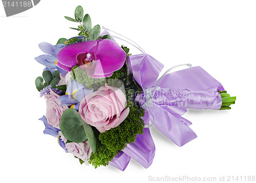 Image of colorful flower wedding bouquet for bride from roses, iris and  