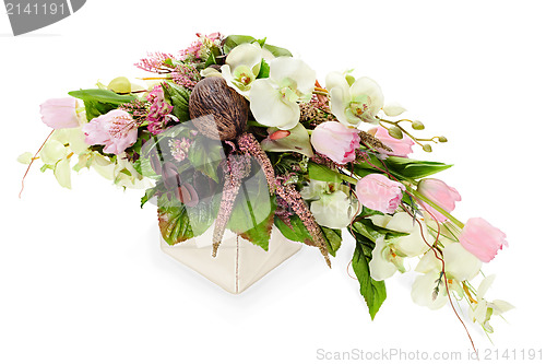 Image of abstract composition from orchids, tulips,coconut, rocks and vin