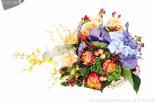 Image of colorful floral  bouquet of roses, lilies, freesia, orchids and 