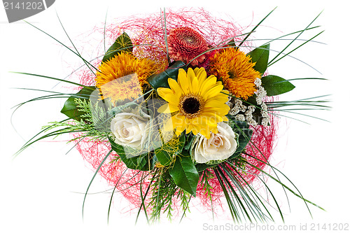 Image of colorful floral bouquet of roses and sunflowers isolated on whit