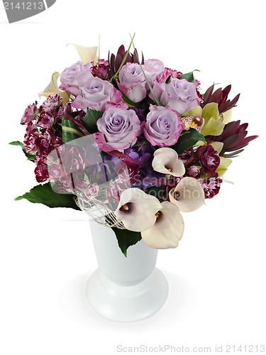 Image of colorful floral bouquet of roses, lilies and orchids arrangement