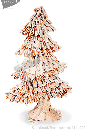 Image of abstract fir tree from wood chips for Christmas isolated on whit