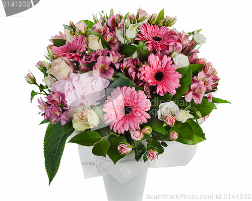 Image of colorful floral bouquet of roses, lilies and orchids arrangement