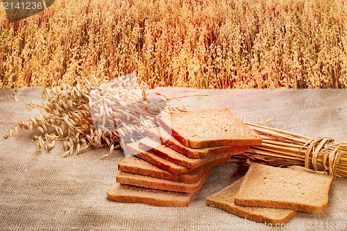 Image of loaf of rye bread on a background of ripe rye field at sunset