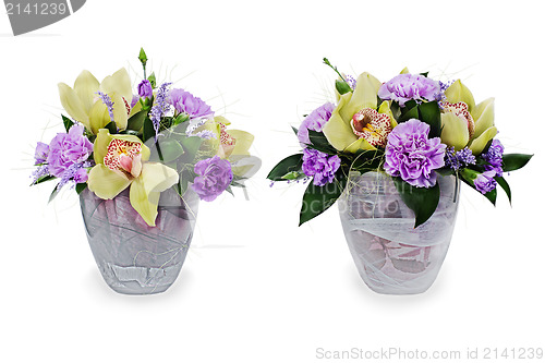 Image of colorful floral bouquet of roses,cloves and orchids arrangement 