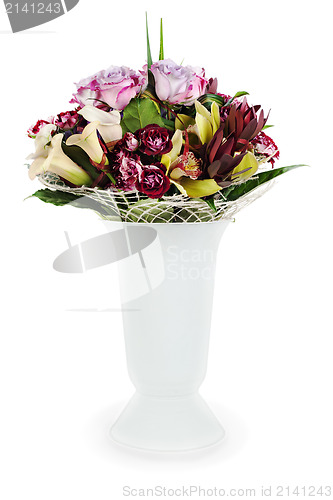 Image of colorful floral bouquet of roses, lilies and orchids arrangement