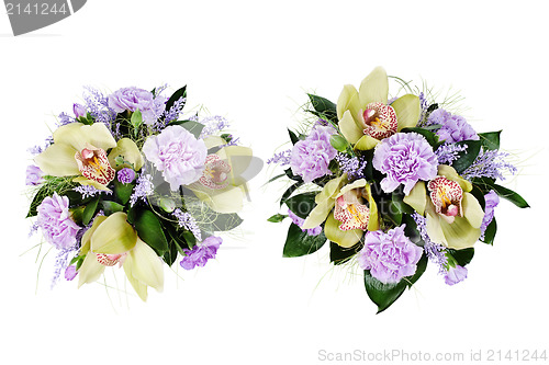 Image of colorful floral bouquet of roses,cloves and orchids isolated on 