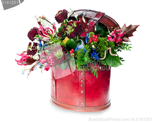 Image of colorful abstract floral arrangement of roses, lilies, irises an