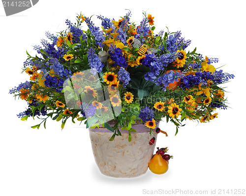 Image of colorful floral bouquet of lilies, sunflowers and irises centerp