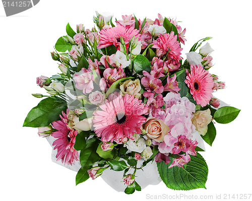 Image of colorful floral bouquet of roses, lilies and orchids isolated on