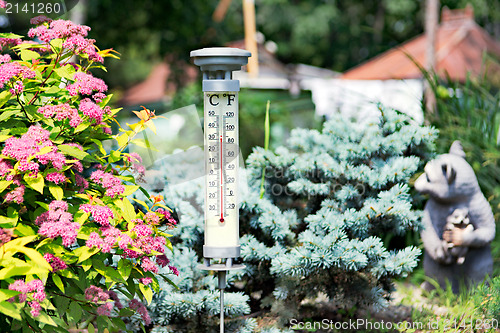 Image of Modern stylish outdoor thermometer in the garden