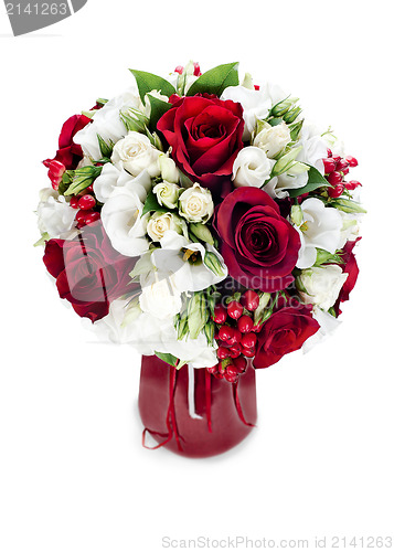 Image of colorful flower bouquet arrangement centerpiece in red vase isol