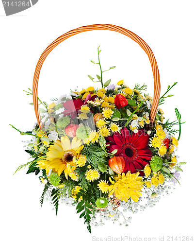 Image of colorful flower bouquet arrangement centerpiece in a wicker gift